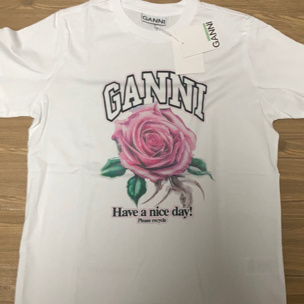 Ganni White T-Shirt rose pattern short sleeved top size Small